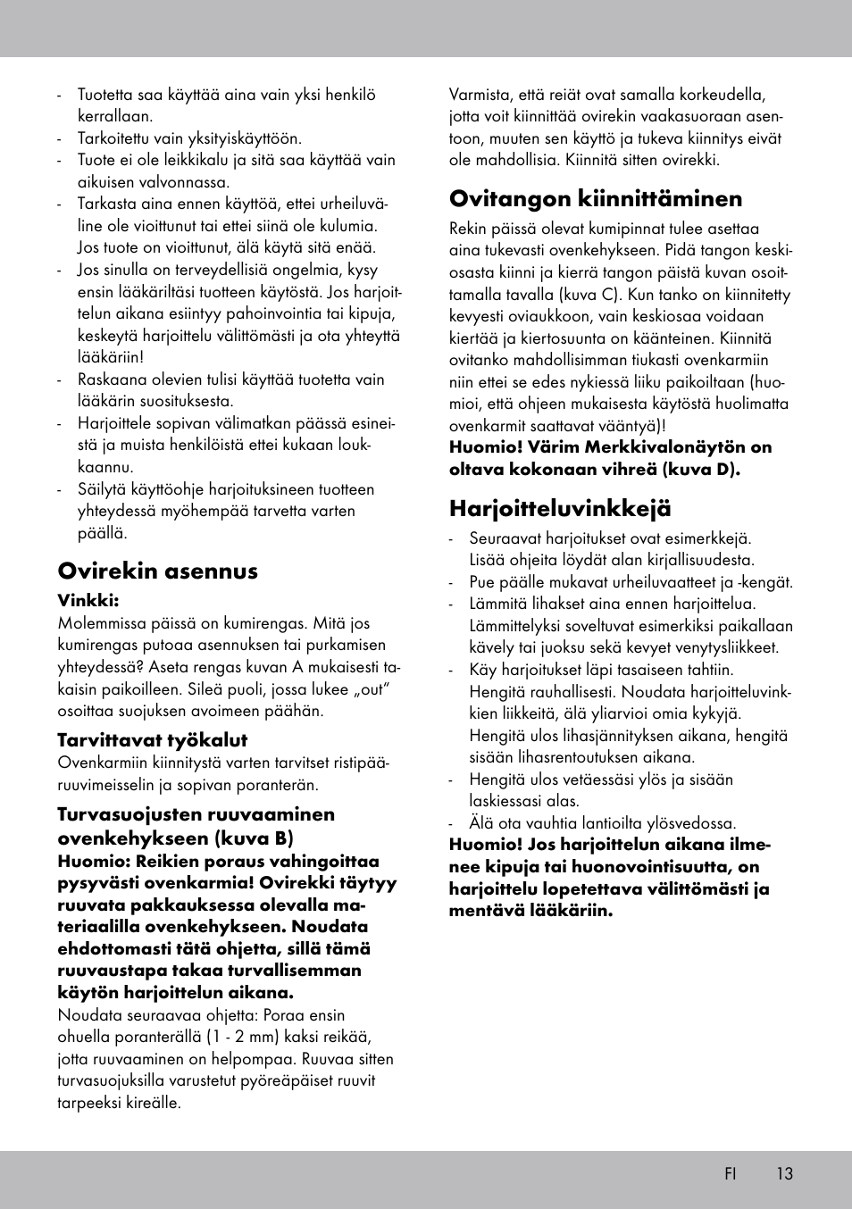 Ovirekin asennus, Ovitangon kiinnittäminen, Harjoitteluvinkkejä | Crivit TR-1433 User Manual | Page 11 / 30