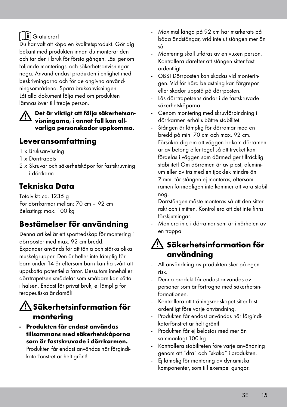 Leveransomfattning, Tekniska data, Bestämelser för användning | Säkerhetsinformation för montering, Säkerhetsinformation för användning | Crivit TR-1433 User Manual | Page 13 / 30