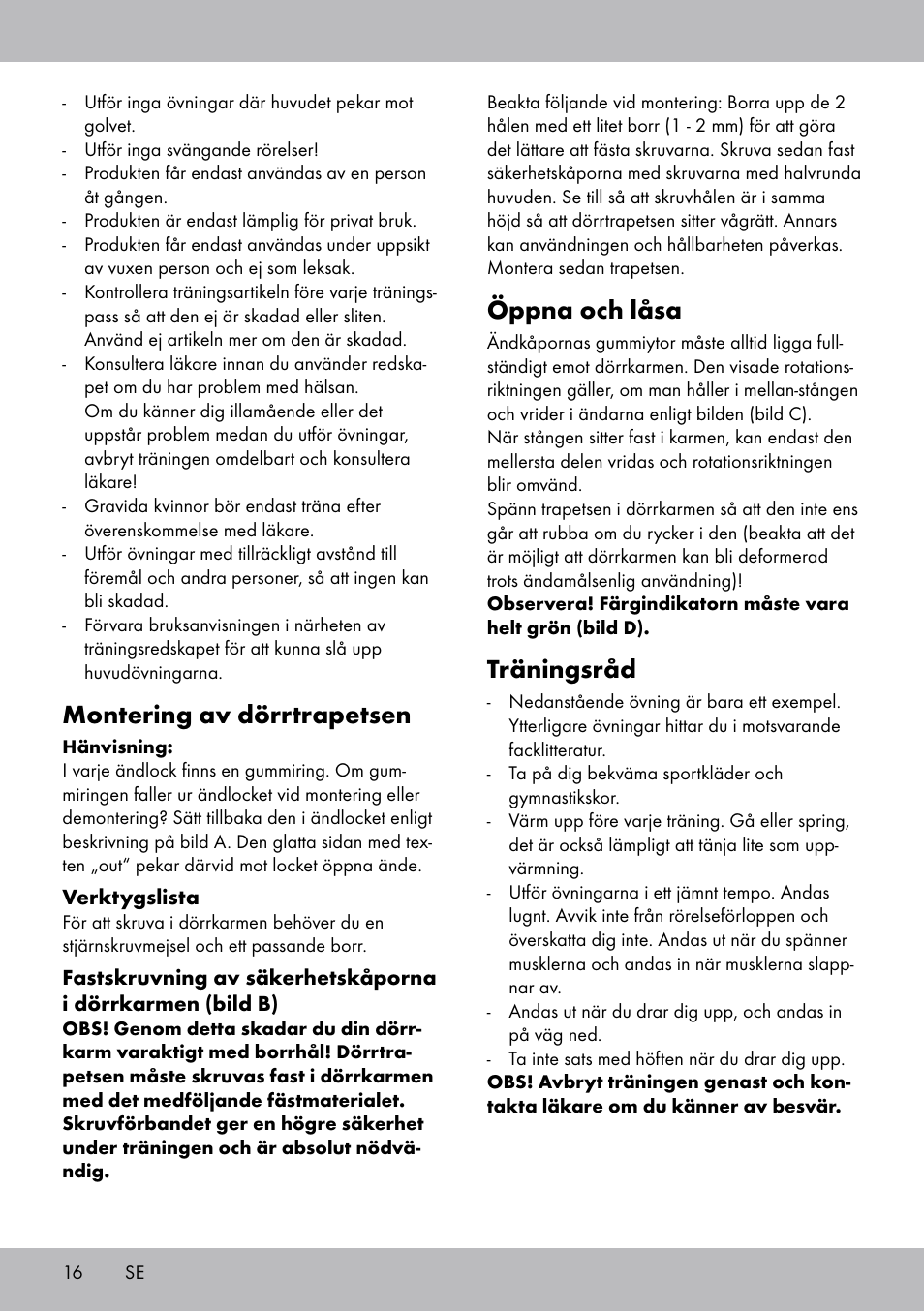 Montering av dörrtrapetsen, Öppna och låsa, Träningsråd | Crivit TR-1433 User Manual | Page 14 / 30