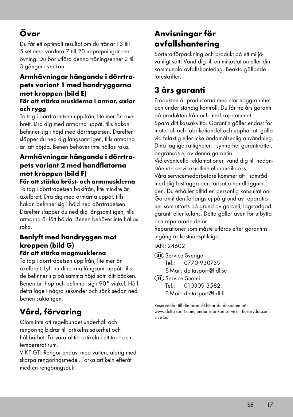 Anvisningar för avfallshantering, 3 års garanti, Övar | Vård, förvaring | Crivit TR-1433 User Manual | Page 15 / 30