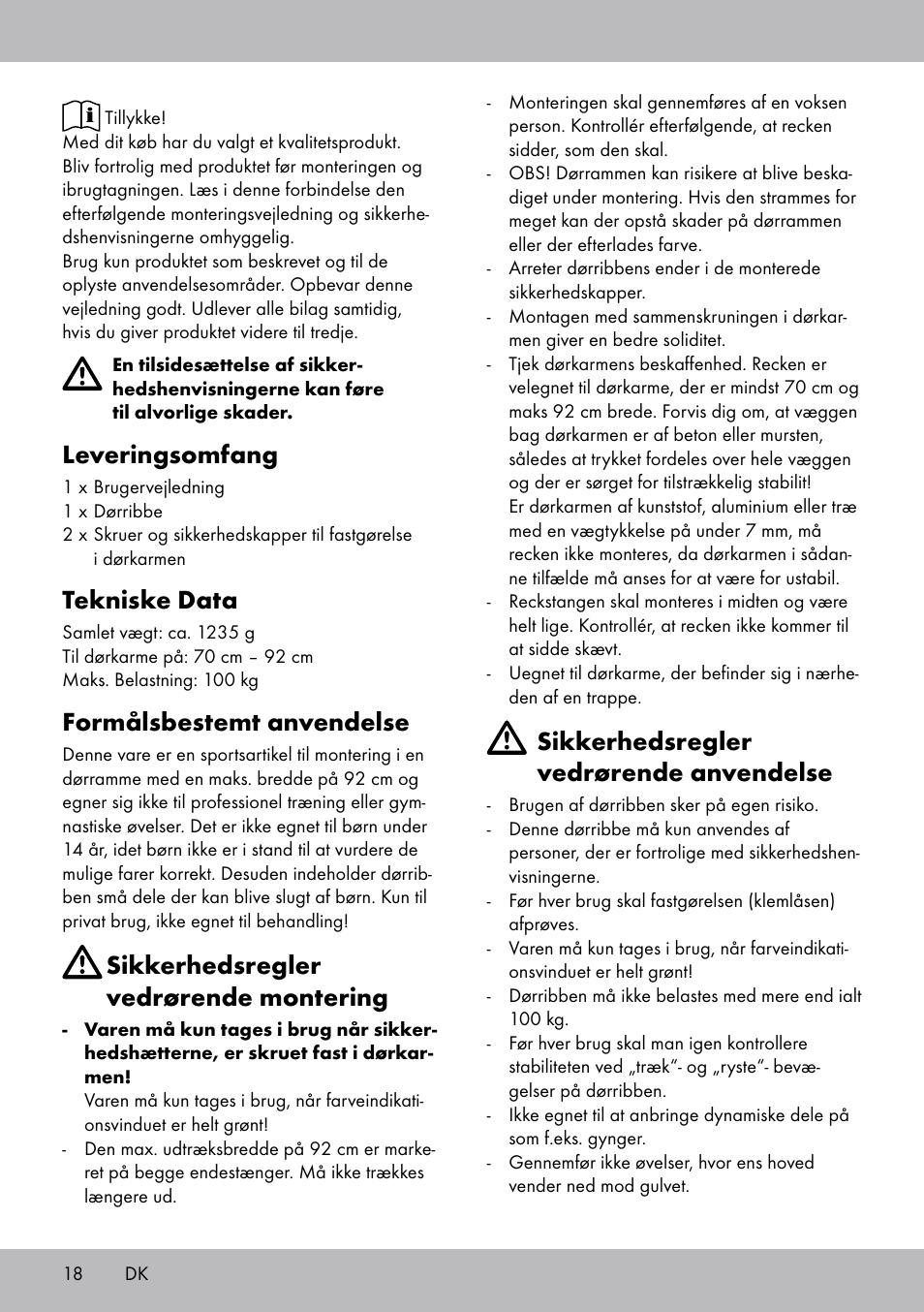 Leveringsomfang, Tekniske data, Formålsbestemt anvendelse | Sikkerhedsregler vedrørende montering, Sikkerhedsregler vedrørende anvendelse | Crivit TR-1433 User Manual | Page 16 / 30