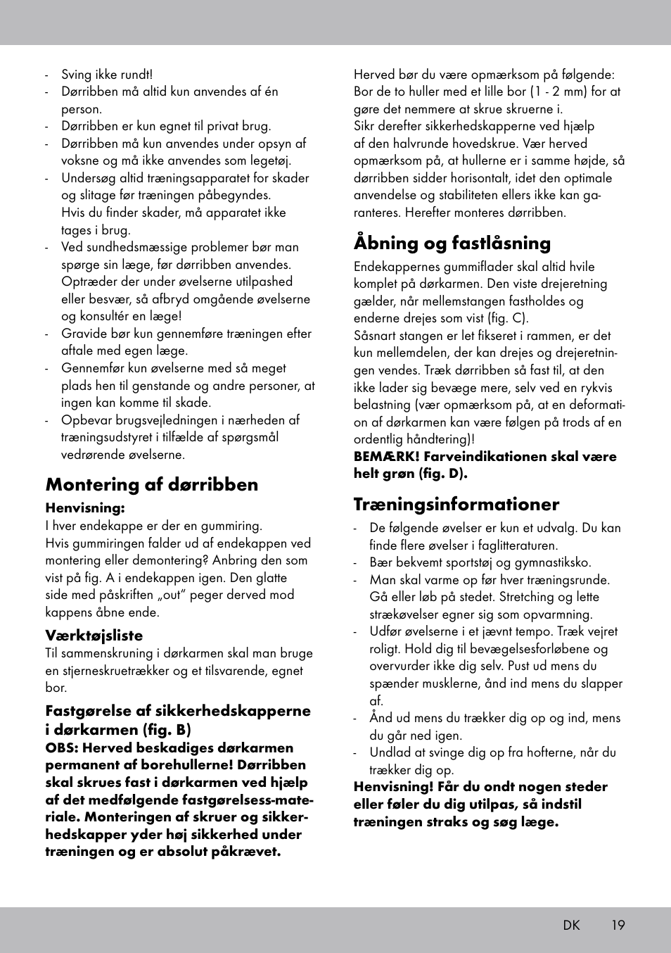 Montering af dørribben, Åbning og fastlåsning, Træningsinformationer | Crivit TR-1433 User Manual | Page 17 / 30