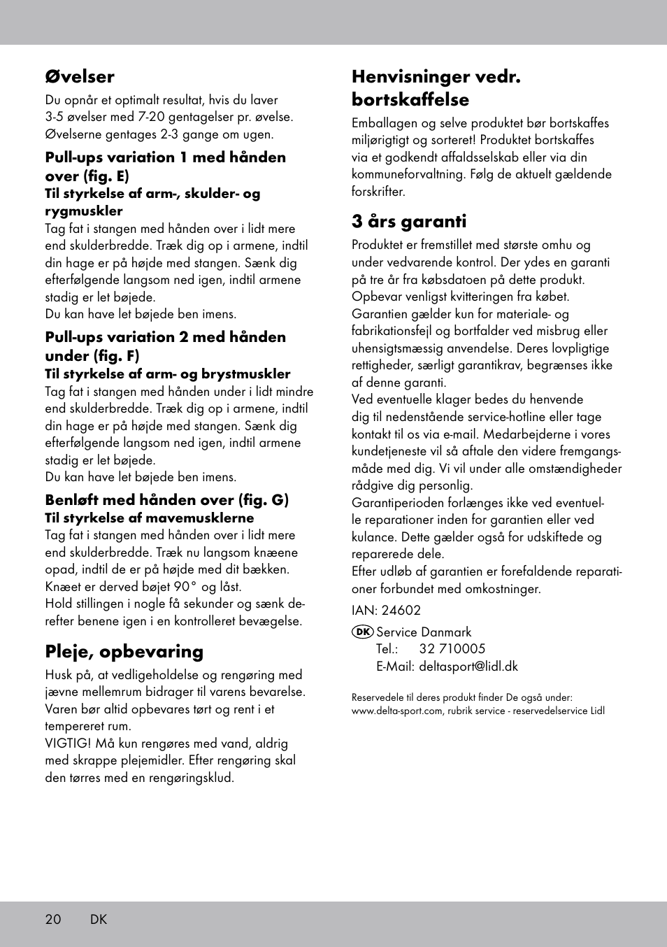 Henvisninger vedr. bortskaffelse, 3 års garanti, Øvelser | Pleje, opbevaring | Crivit TR-1433 User Manual | Page 18 / 30