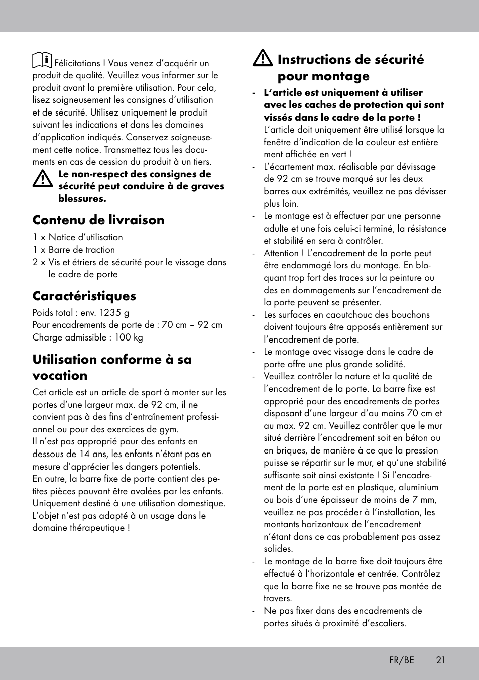 Contenu de livraison, Caractéristiques, Utilisation conforme à sa vocation | Instructions de sécurité pour montage | Crivit TR-1433 User Manual | Page 19 / 30