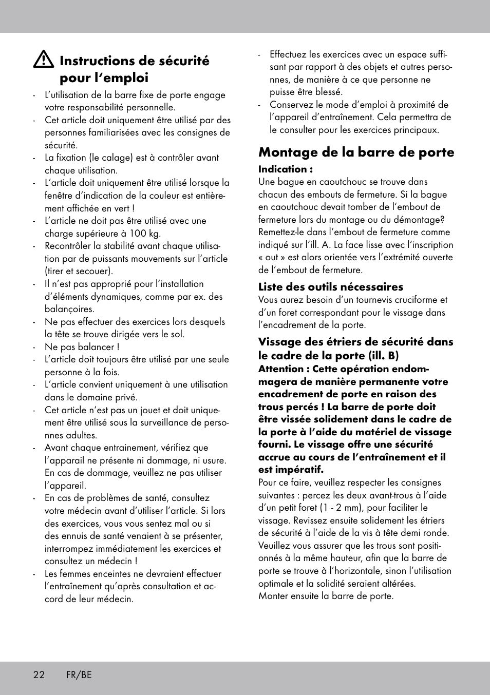 Instructions de sécurité pour l‘emploi, Montage de la barre de porte | Crivit TR-1433 User Manual | Page 20 / 30