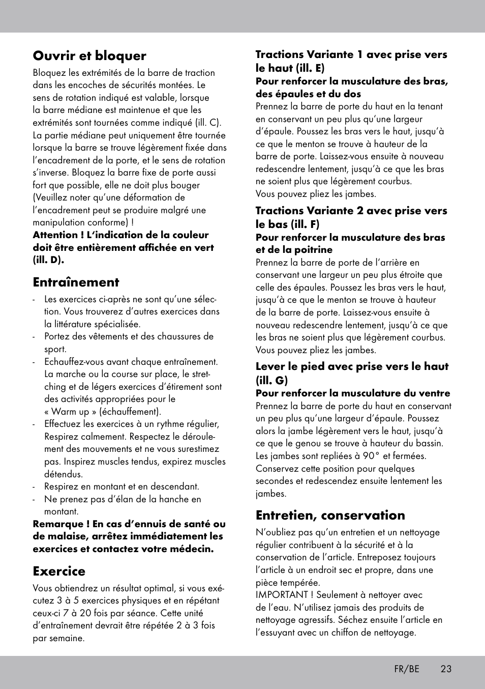 Entretien, conservation, Ouvrir et bloquer, Entraînement | Exercice | Crivit TR-1433 User Manual | Page 21 / 30