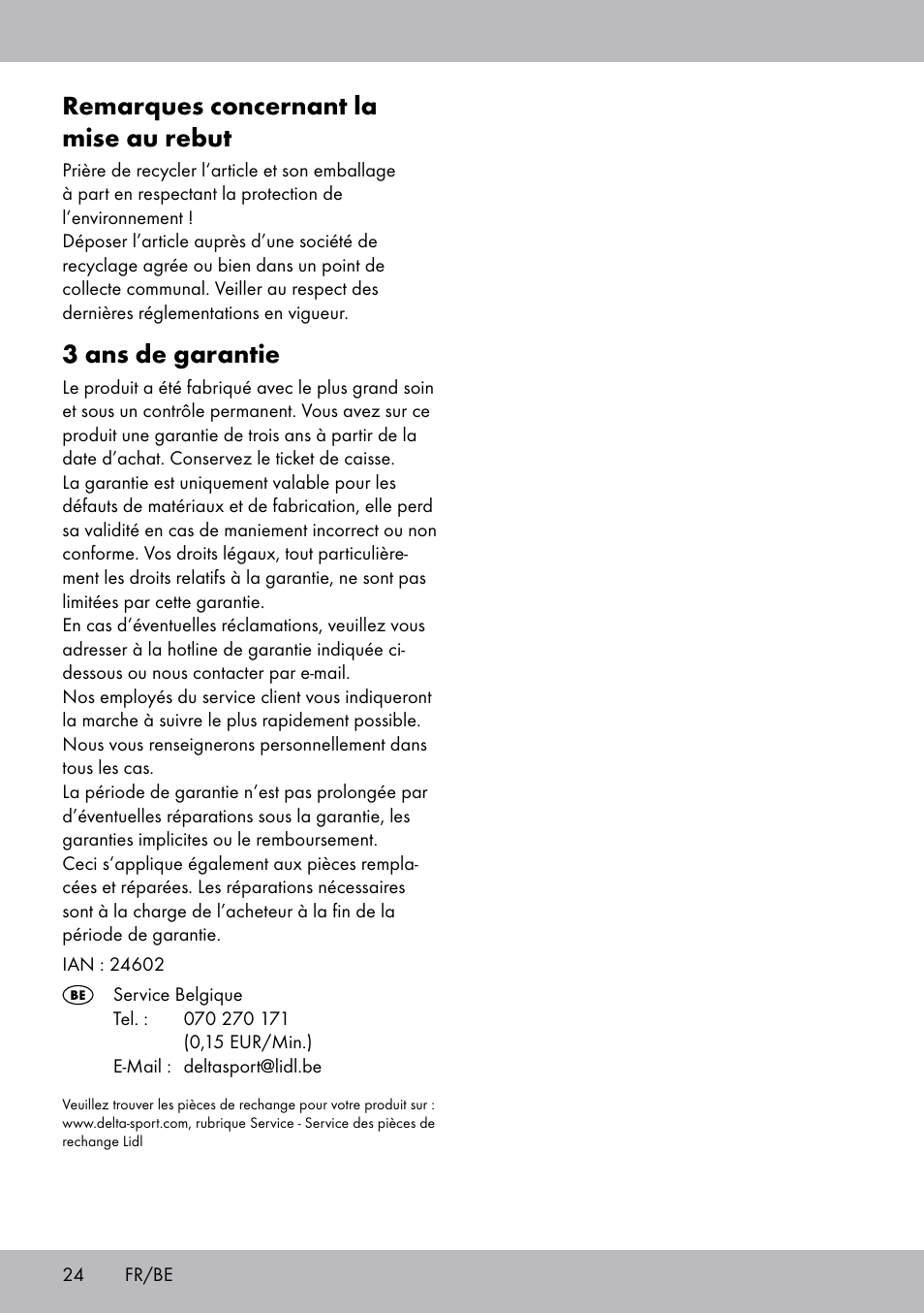 Remarques concernant la mise au rebut, 3 ans de garantie | Crivit TR-1433 User Manual | Page 22 / 30