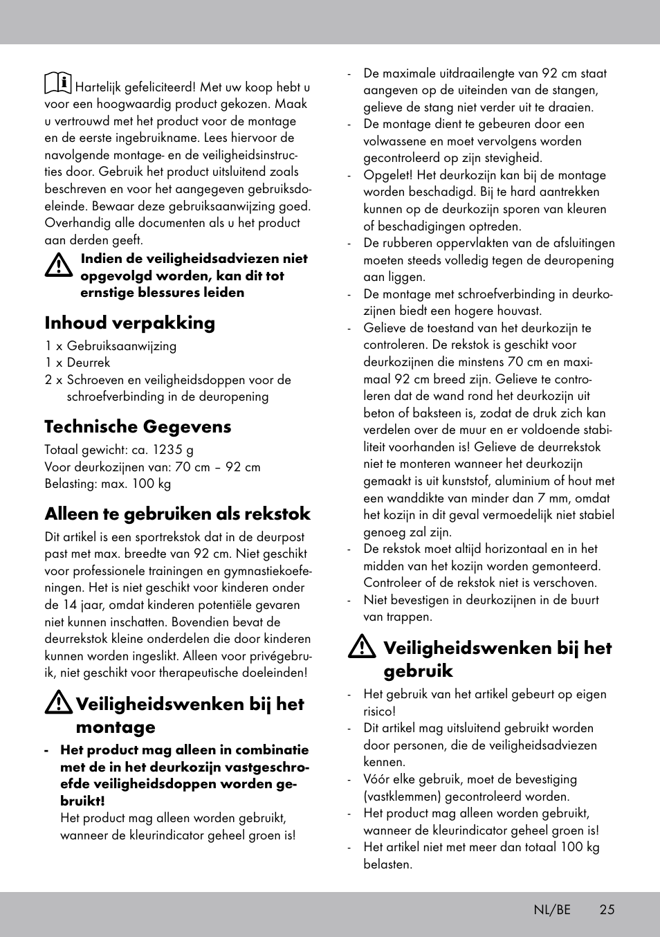 Inhoud verpakking, Technische gegevens, Alleen te gebruiken als rekstok | Veiligheidswenken bij het montage, Veiligheidswenken bij het gebruik | Crivit TR-1433 User Manual | Page 23 / 30