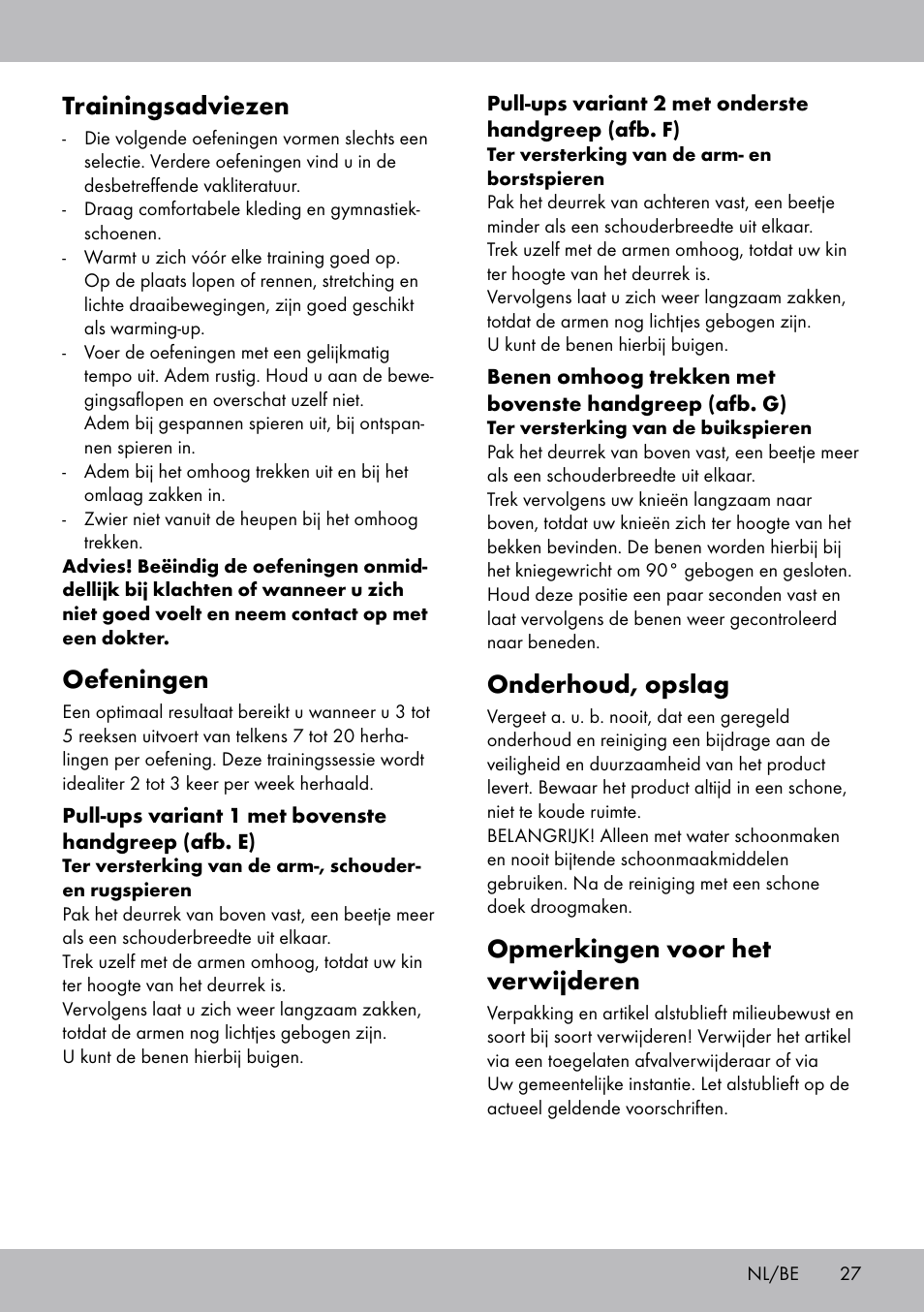 Onderhoud, opslag, Opmerkingen voor het verwijderen, Trainingsadviezen | Oefeningen | Crivit TR-1433 User Manual | Page 25 / 30