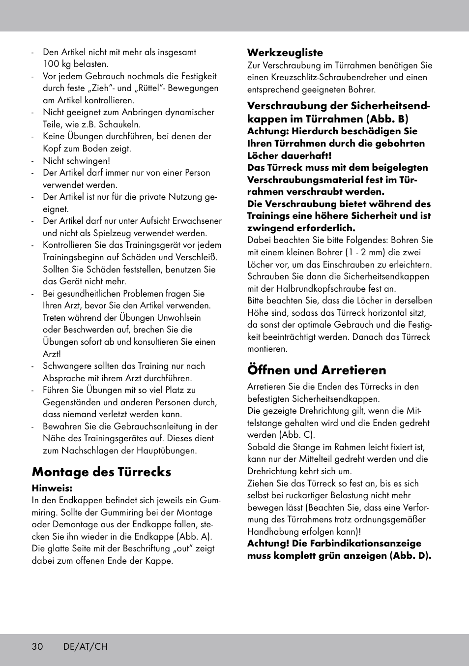 Montage des türrecks, Öffnen und arretieren | Crivit TR-1433 User Manual | Page 28 / 30