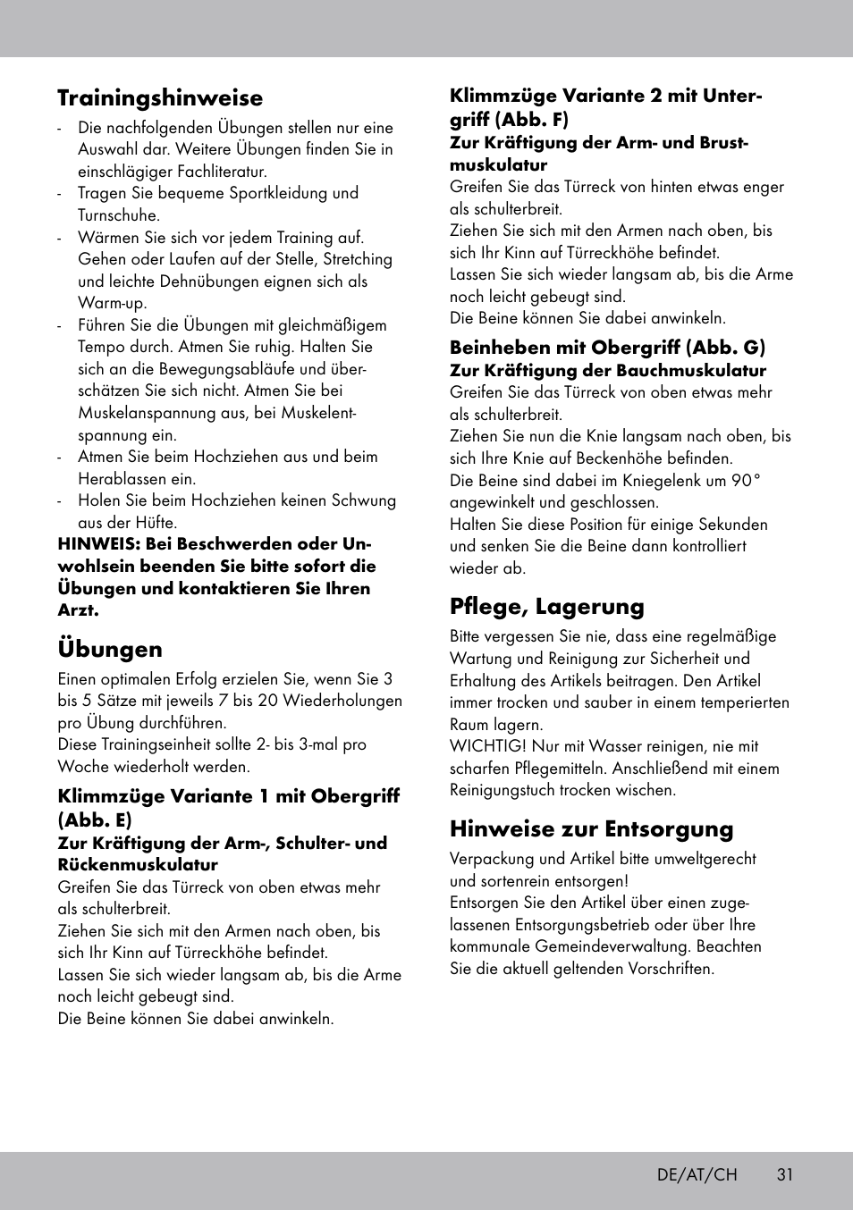 Pflege, lagerung, Hinweise zur entsorgung, Trainingshinweise | Übungen | Crivit TR-1433 User Manual | Page 29 / 30