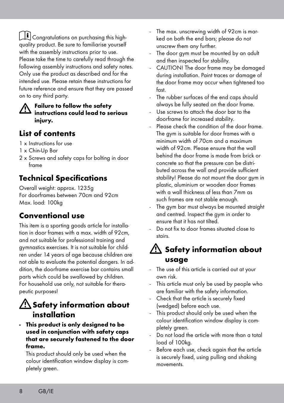 List of contents, Technical specifications, Conventional use | Safety information about installation, Safety information about usage | Crivit TR-1433 User Manual | Page 6 / 30