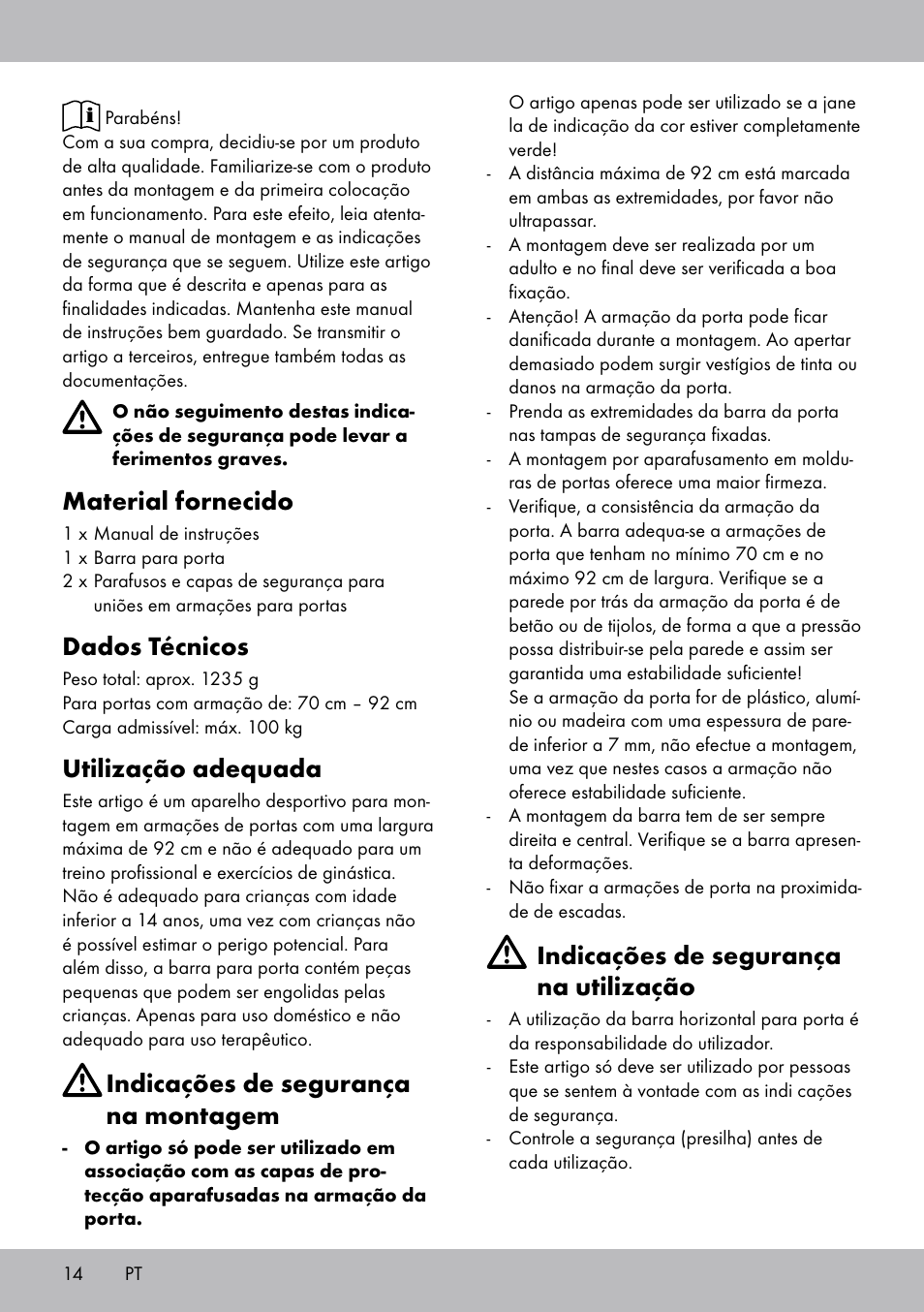 Material fornecido, Dados técnicos, Utilização adequada | Indicações de segurança na montagem, Indicações de segurança na utilização | Crivit TR-1433 User Manual | Page 12 / 26