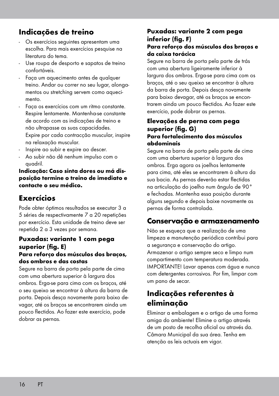 Conservação e armazenamento, Indicações referentes à eliminação, Indicações de treino | Exercícios | Crivit TR-1433 User Manual | Page 14 / 26