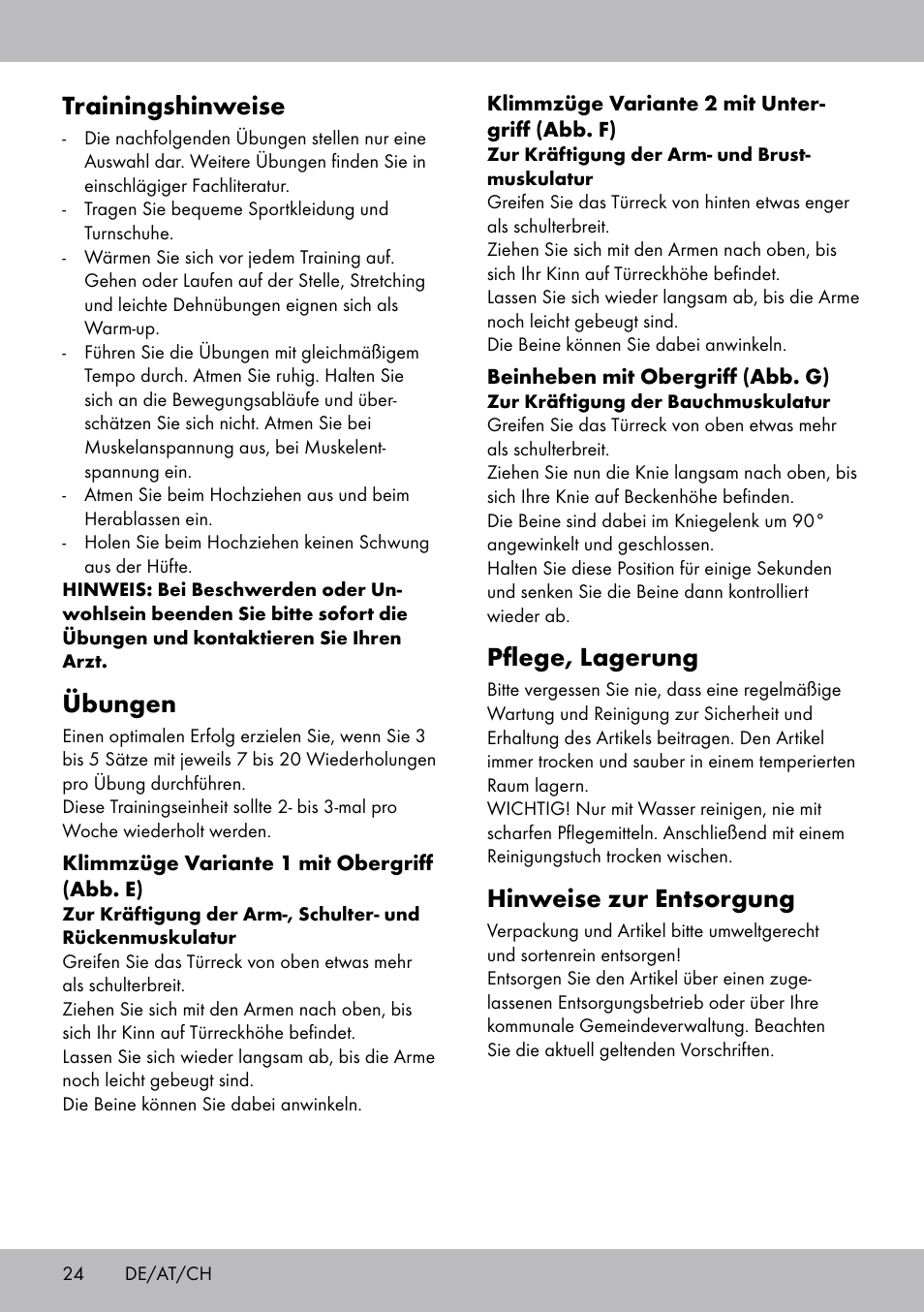 Pflege, lagerung, Hinweise zur entsorgung, Trainingshinweise | Übungen | Crivit TR-1433 User Manual | Page 22 / 26