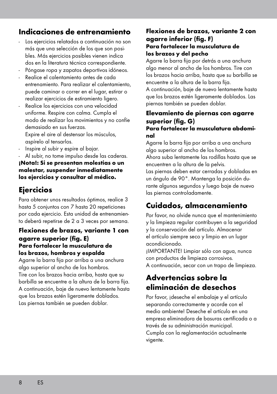 Cuidados, almacenamiento, Advertencias sobre la eliminación de desechos, Indicaciones de entrenamiento | Ejercicios | Crivit TR-1433 User Manual | Page 6 / 26