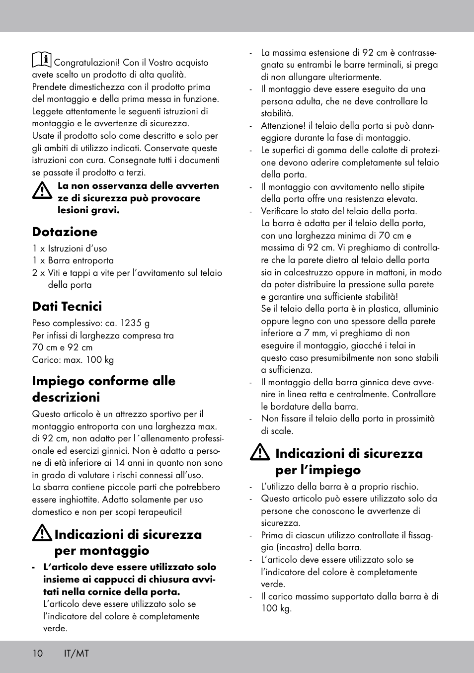 Dotazione, Dati tecnici, Impiego conforme alle descrizioni | Indicazioni di sicurezza per montaggio, Indicazioni di sicurezza per l’impiego | Crivit TR-1433 User Manual | Page 8 / 26