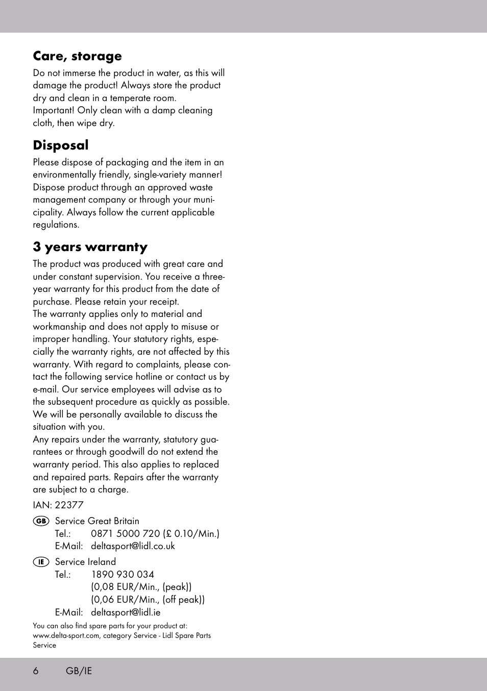 Care, storage, Disposal, 3 years warranty | Crivit SP-1854 User Manual | Page 4 / 18