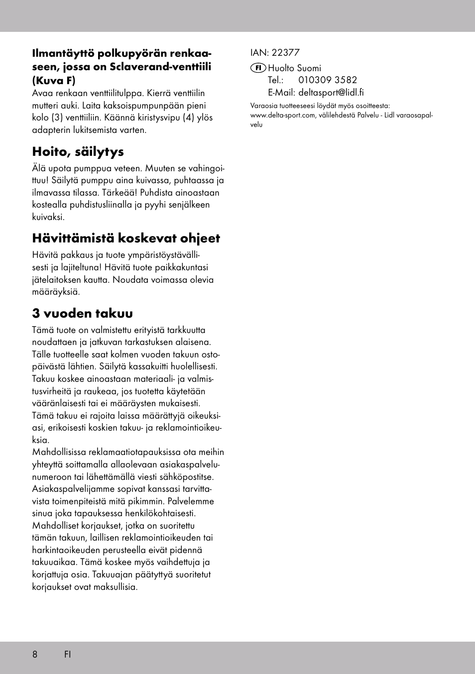 Hoito, säilytys, Hävittämistä koskevat ohjeet, 3 vuoden takuu | Crivit SP-1854 User Manual | Page 6 / 18