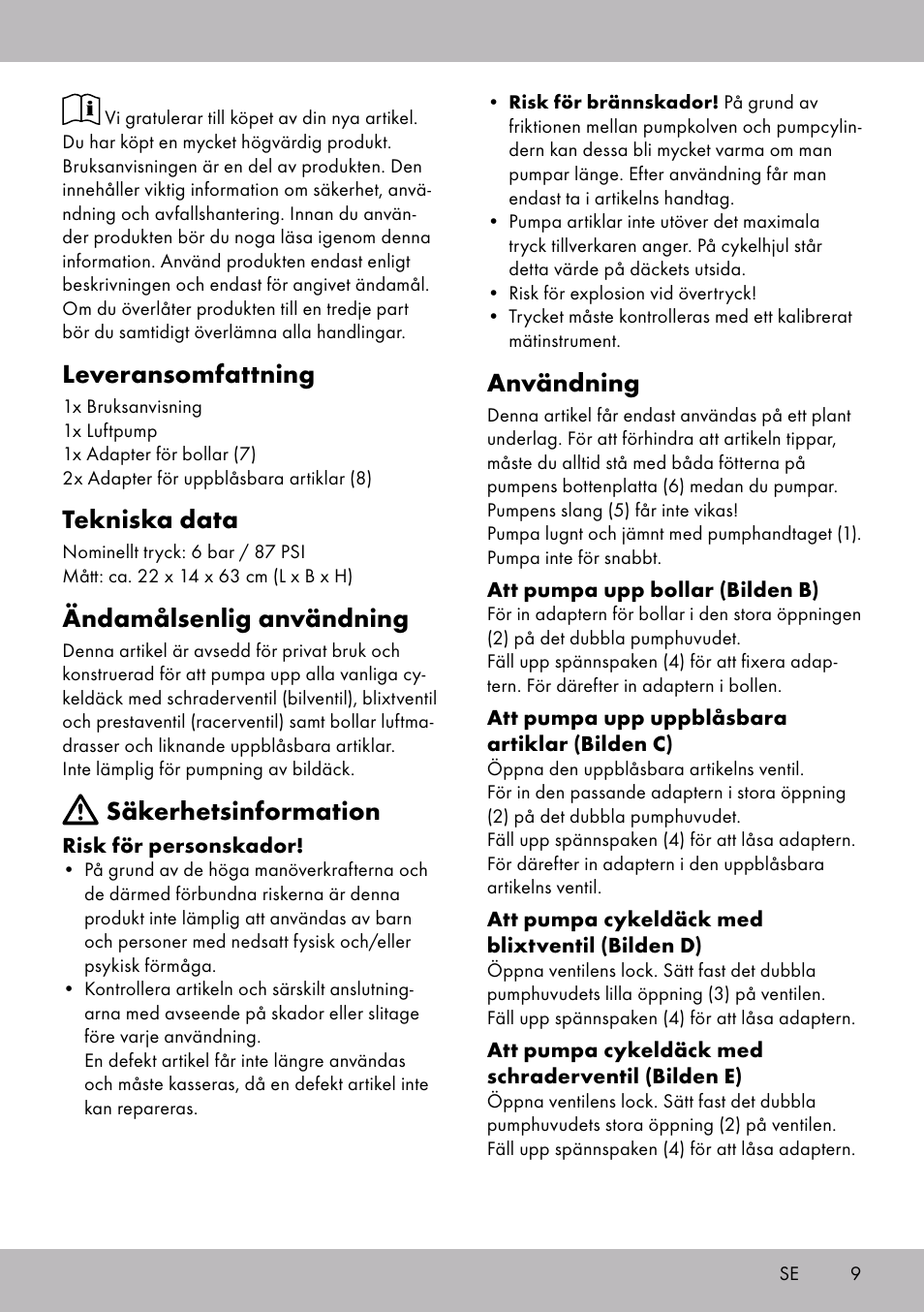 Leveransomfattning, Tekniska data, Ändamålsenlig användning | Säkerhetsinformation, Användning | Crivit SP-1854 User Manual | Page 7 / 18