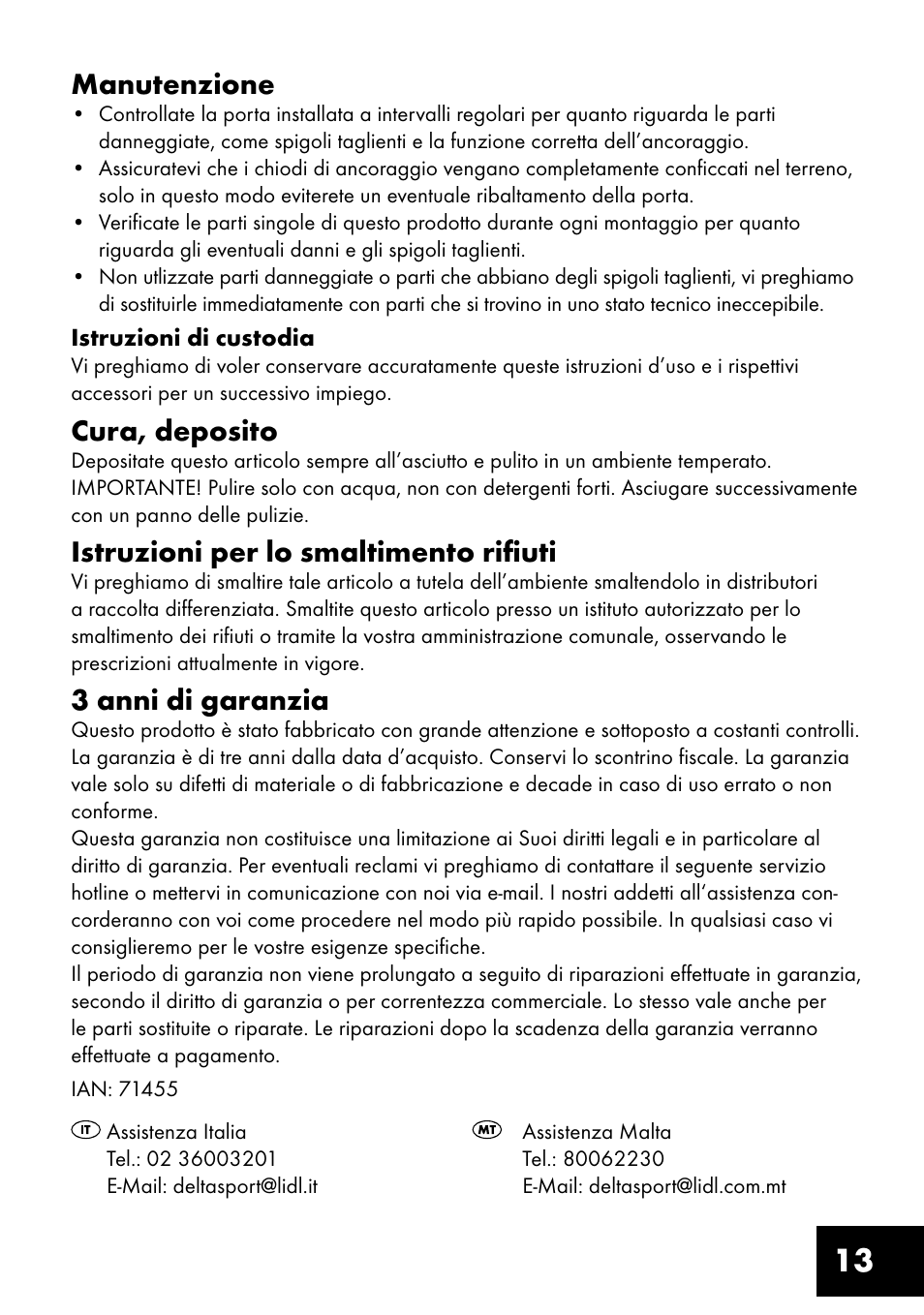 13 manutenzione, Cura, deposito, Istruzioni per lo smaltimento rifiuti | 3 anni di garanzia | Crivit FT-1400 User Manual | Page 13 / 32