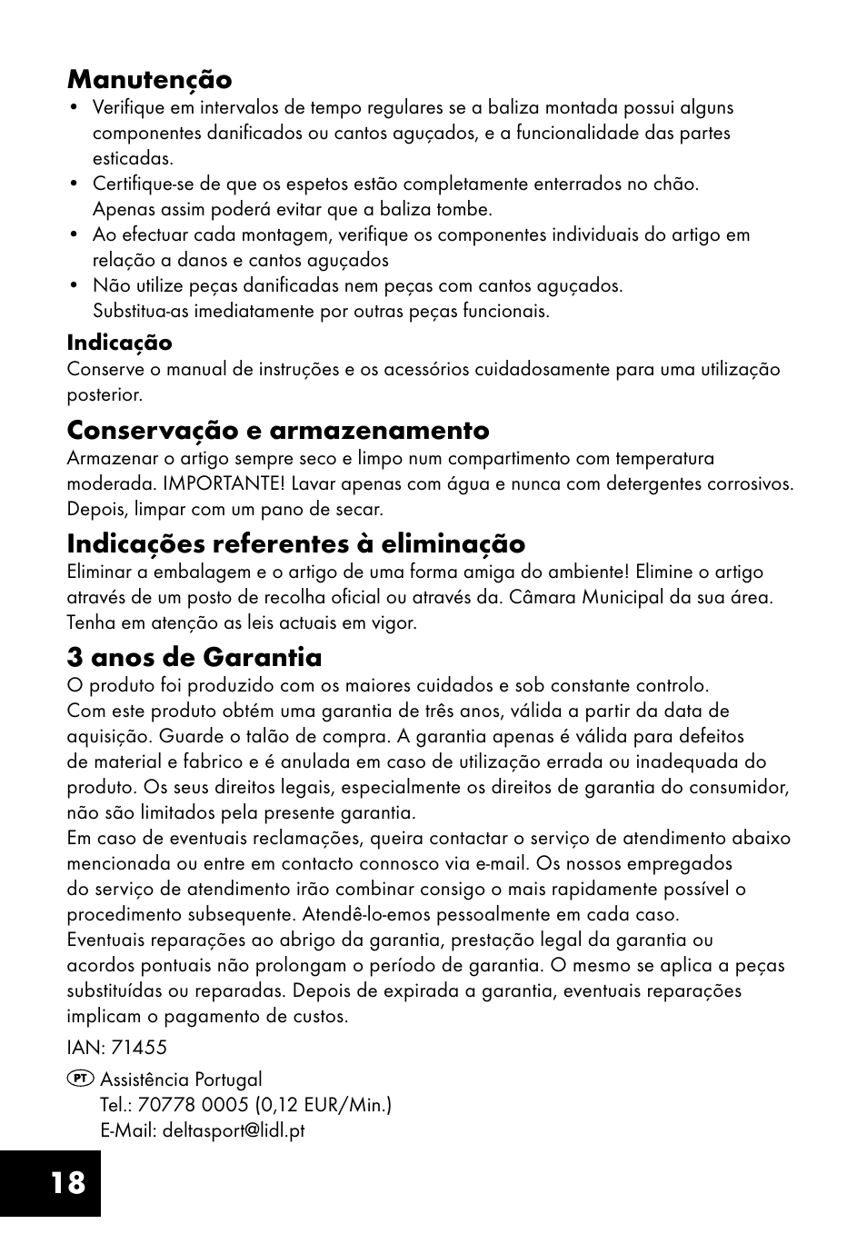 18 manutenção, Conservação e armazenamento, Indicações referentes à eliminação | 3 anos de garantia | Crivit FT-1400 User Manual | Page 18 / 32