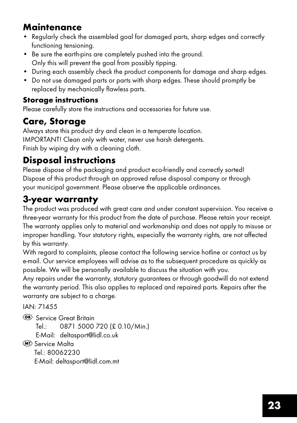 23 maintenance, Care, storage, Disposal instructions | Year warranty | Crivit FT-1400 User Manual | Page 23 / 32