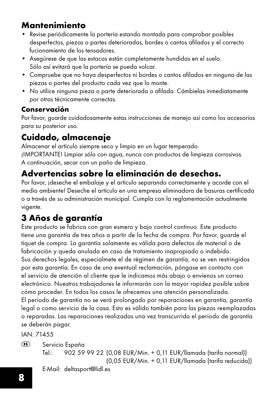 8mantenimiento, Cuidado, almacenaje, Advertencias sobre la eliminación de desechos | 3 años de garantía | Crivit FT-1400 User Manual | Page 8 / 32