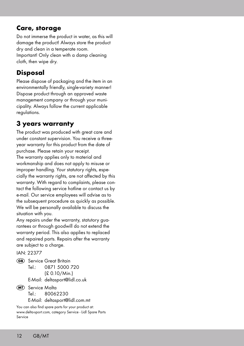 Care, storage, Disposal, 3 years warranty | Crivit SP-1854 User Manual | Page 10 / 14