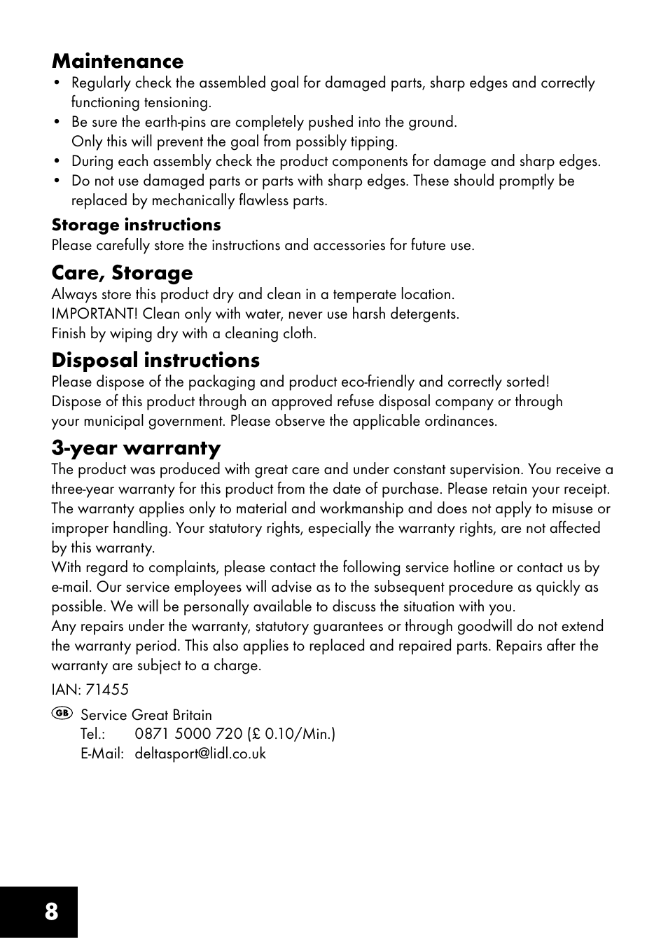 8maintenance, Care, storage, Disposal instructions | Year warranty | Crivit FT-1400 User Manual | Page 8 / 40