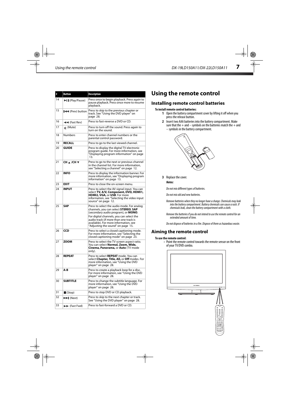 Using the remote control, Installing remote control batteries, Aiming the remote control | Dynex DX-19LD150A11 User Manual | Page 11 / 41