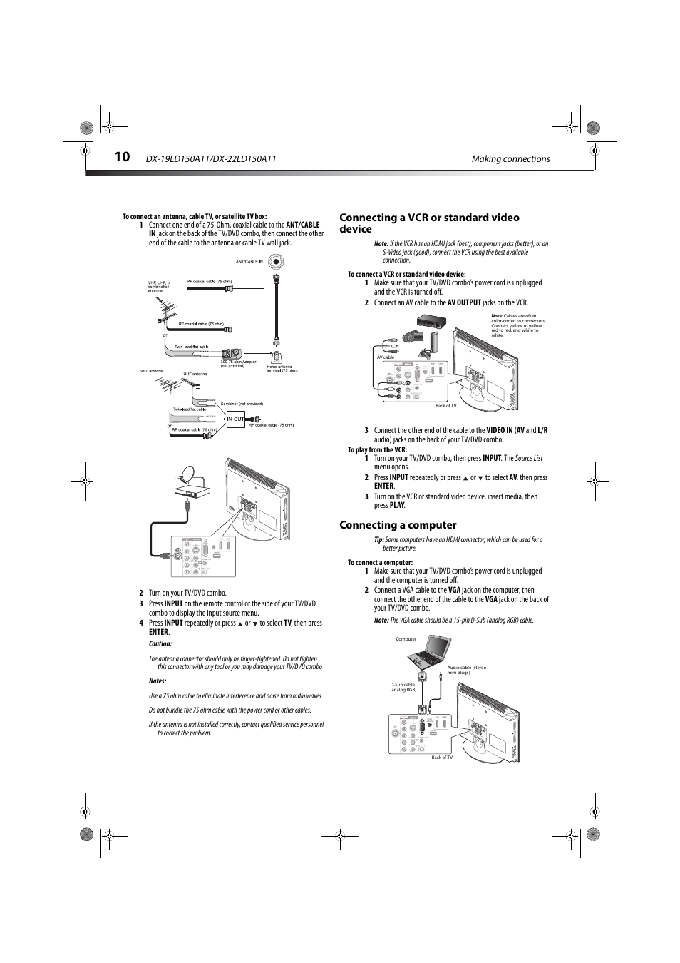 Connecting a vcr or standard video device, Connecting a computer, Or “connecting a vcr or standard video device” o | Ion, see “connecting a computer, Ge 10, or | Dynex DX-19LD150A11 User Manual | Page 14 / 41