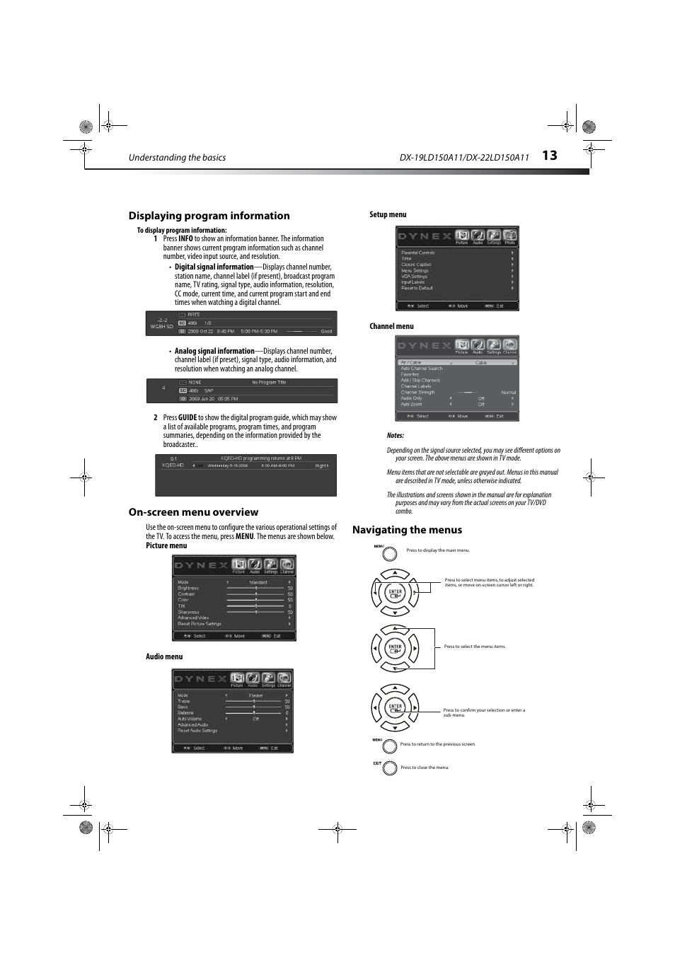 Displaying program information, On-screen menu overview, Navigating the menus | Displaying program information” on | Dynex DX-19LD150A11 User Manual | Page 17 / 41