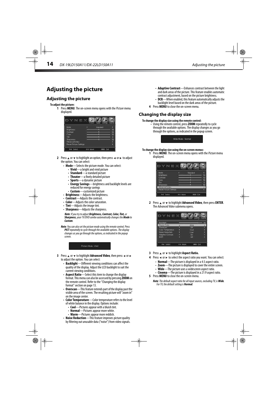 Adjusting the picture, Changing the display size, Adjusting the picture changing the display size | Dynex DX-19LD150A11 User Manual | Page 18 / 41