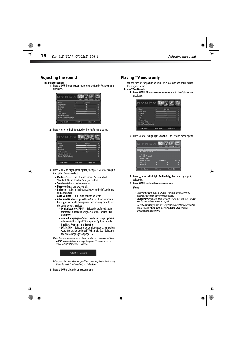 Adjusting the sound, Playing tv audio only | Dynex DX-19LD150A11 User Manual | Page 20 / 41
