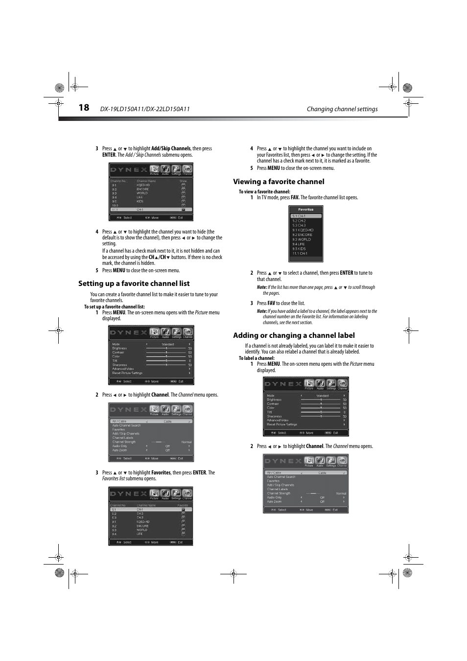 Setting up a favorite channel list, Viewing a favorite channel, Adding or changing a channel label | Dynex DX-19LD150A11 User Manual | Page 22 / 41