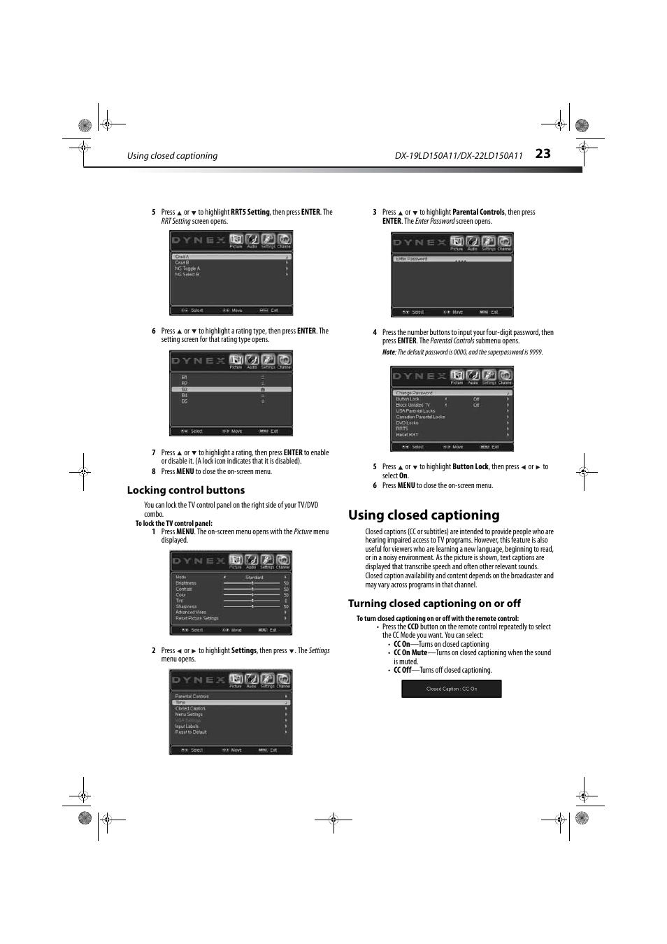 Locking control buttons, Using closed captioning, Turning closed captioning on or off | Dynex DX-19LD150A11 User Manual | Page 27 / 41