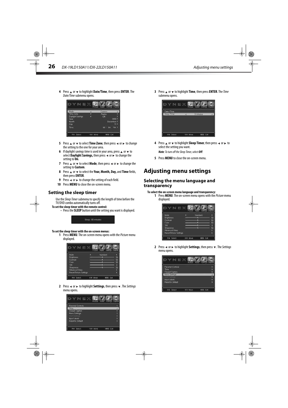 Setting the sleep timer, Adjusting menu settings, Selecting the menu language and transparency | Ation, see “setting the sleep timer, Ge 26 | Dynex DX-19LD150A11 User Manual | Page 30 / 41