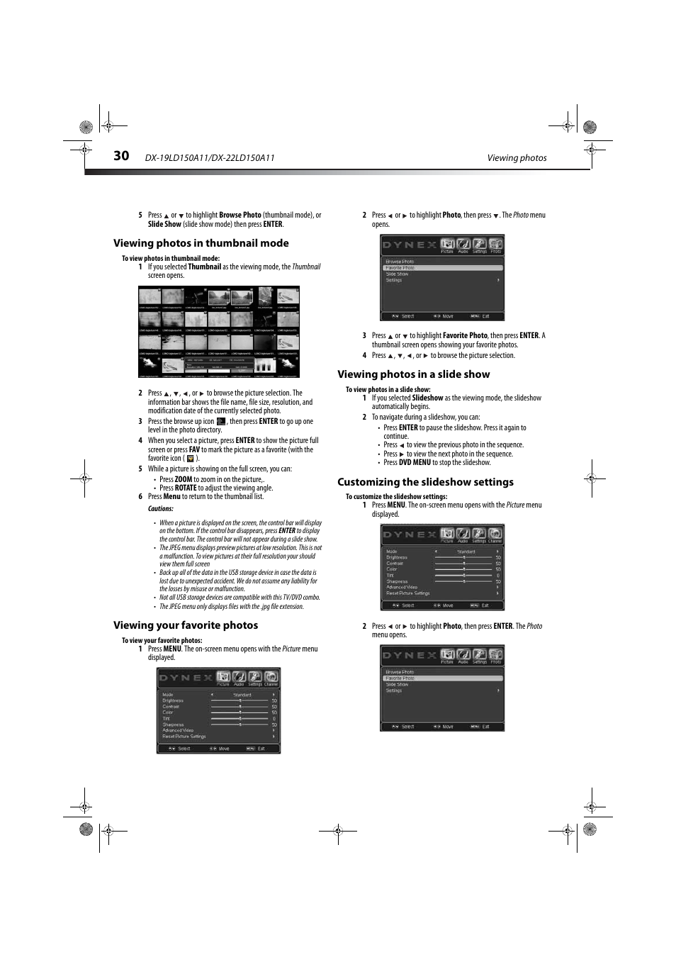 Viewing photos in thumbnail mode, Viewing your favorite photos, Viewing photos in a slide show | Customizing the slideshow settings | Dynex DX-19LD150A11 User Manual | Page 34 / 41