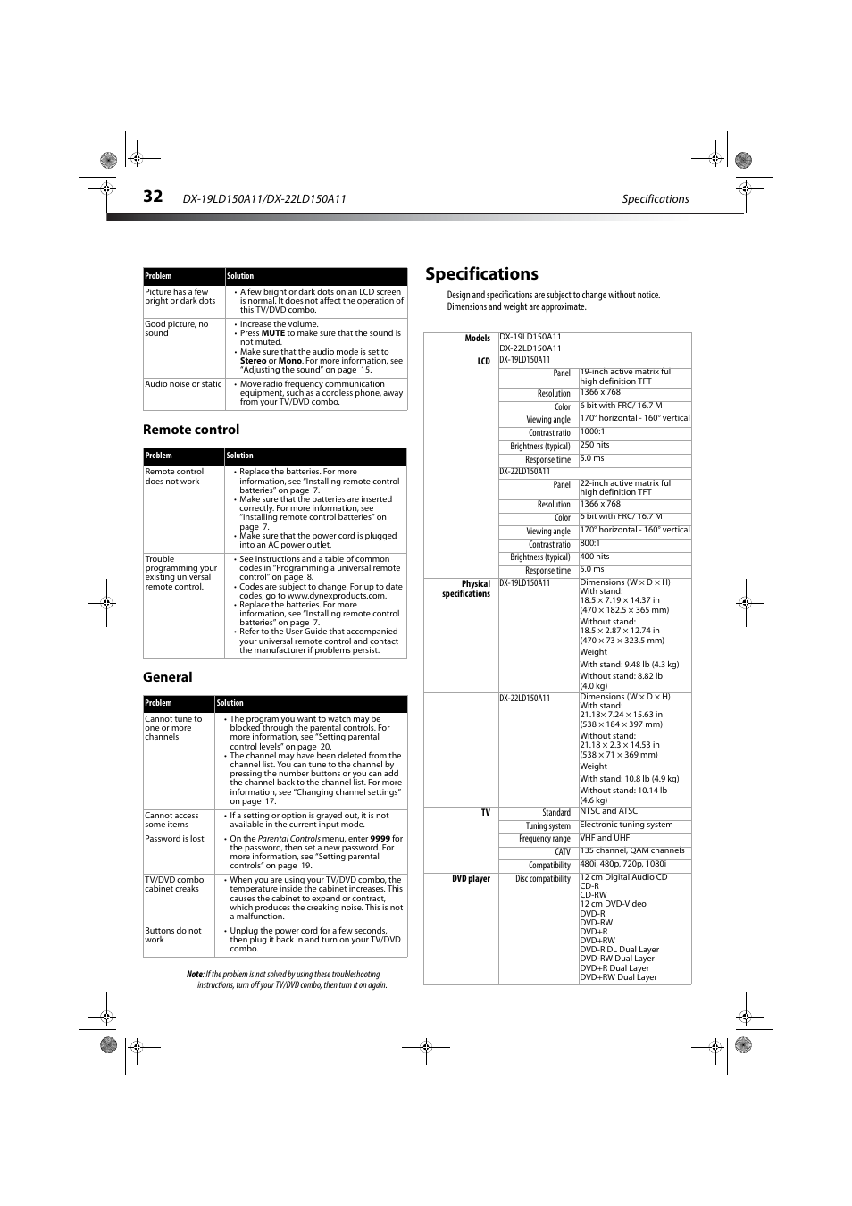 Remote control, General, Specifications | Remote control general | Dynex DX-19LD150A11 User Manual | Page 36 / 41