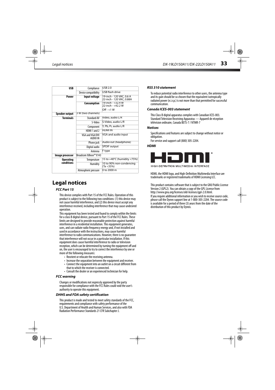 Legal notices, Fcc part 15, Fcc warning | Canada ices-003 statement, Notices, Hdmi | Dynex DX-19LD150A11 User Manual | Page 37 / 41