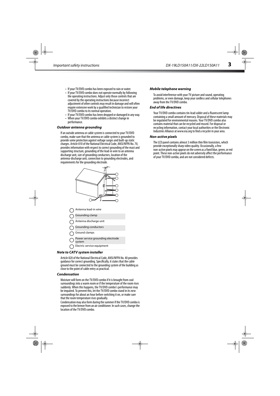 Outdoor antenna grounding, Note to catv system installer, Condensation | Mobile telephone warning, End of life directives, Non-active pixels | Dynex DX-19LD150A11 User Manual | Page 7 / 41