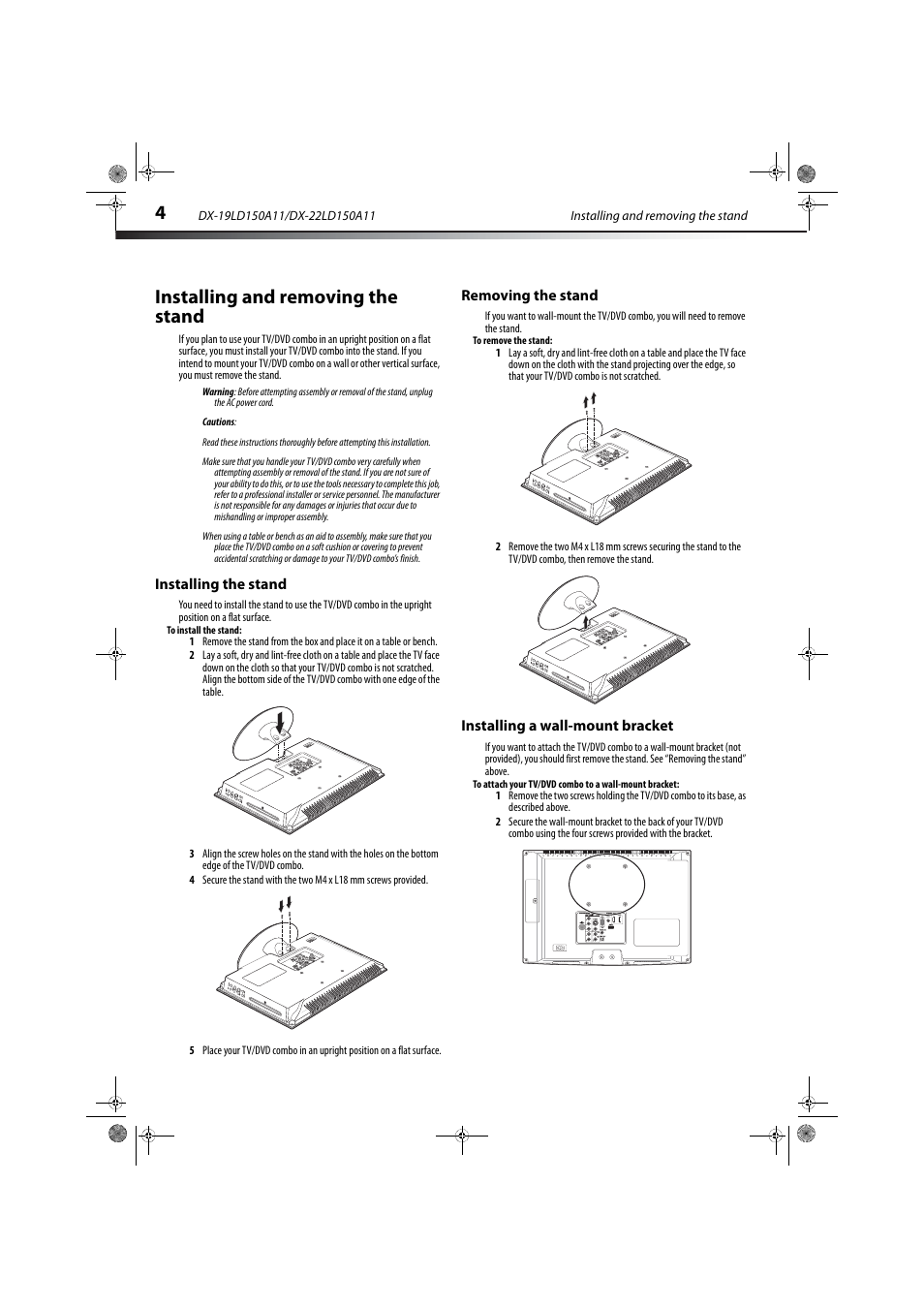 Installing and removing the stand, Installing the stand, Removing the stand | Installing a wall-mount bracket | Dynex DX-19LD150A11 User Manual | Page 8 / 41