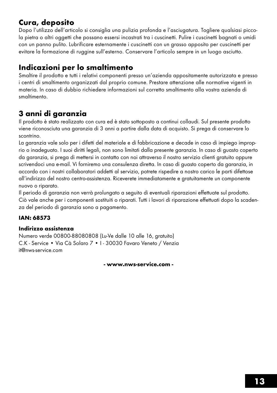 13 cura, deposito, Indicazioni per lo smaltimento, 3 anni di garanzia | Crivit AS-1461 User Manual | Page 13 / 32