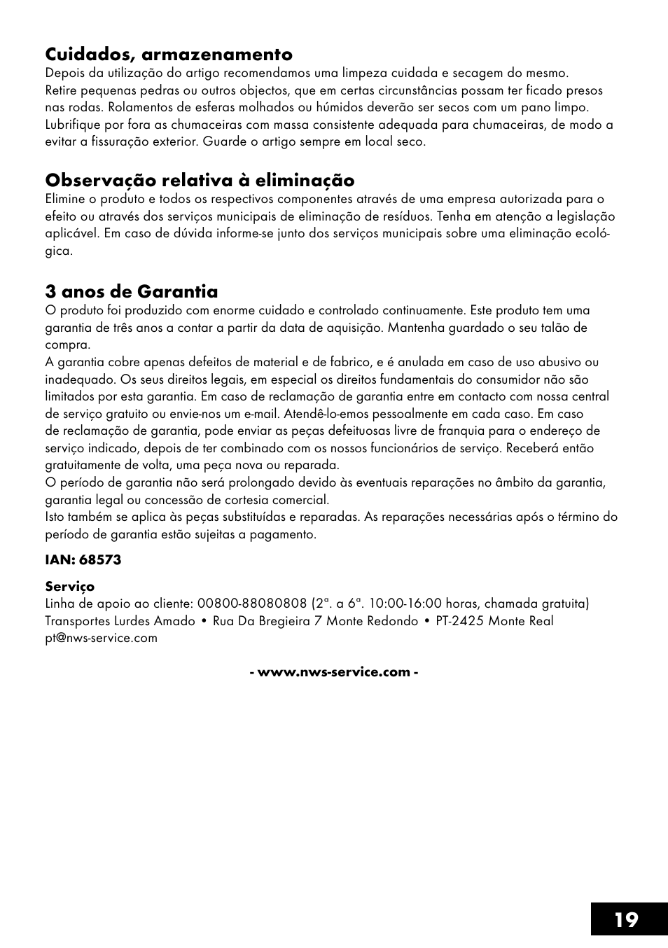 19 cuidados, armazenamento, Observação relativa à eliminação, 3 anos de garantia | Crivit AS-1461 User Manual | Page 19 / 32