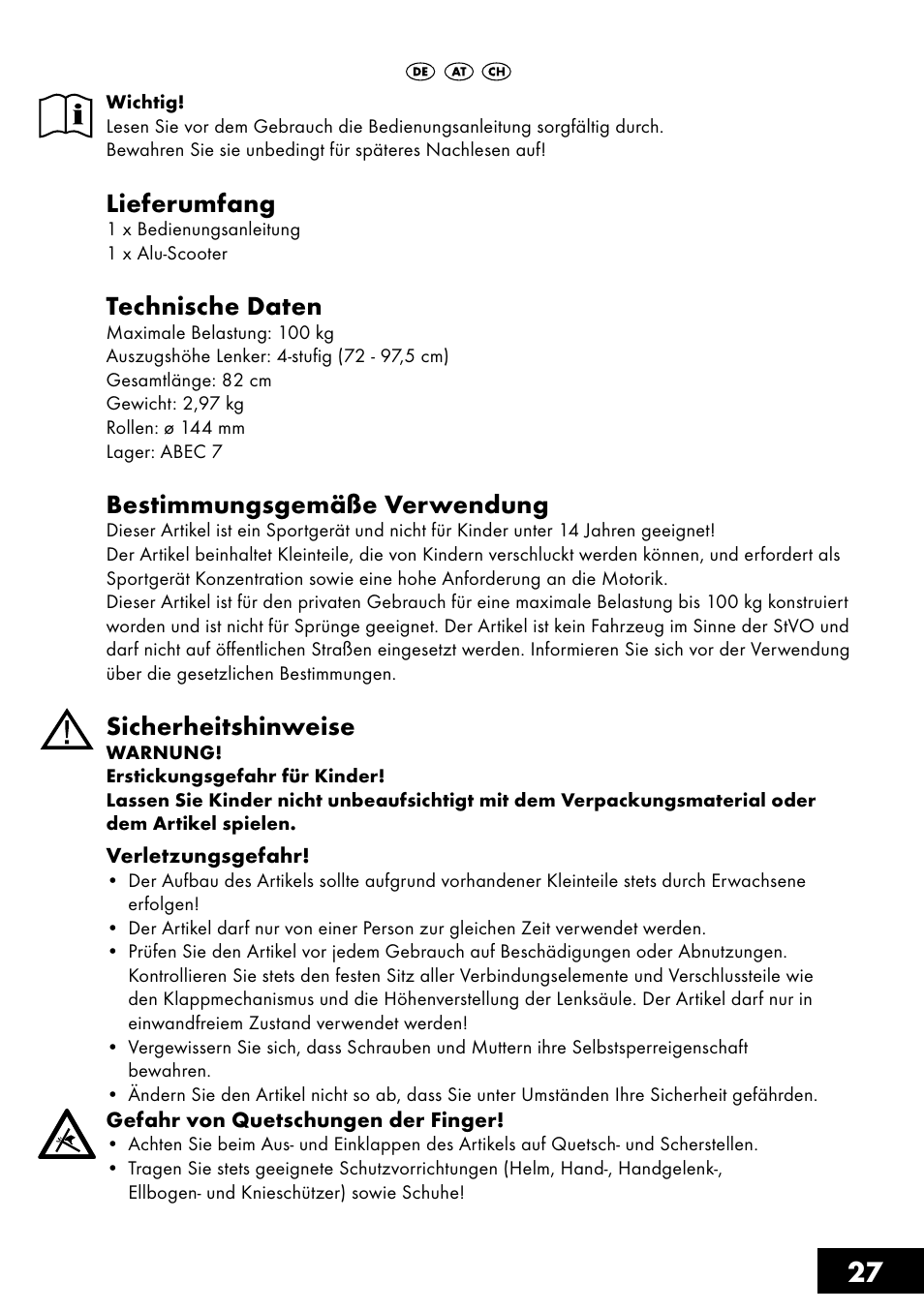 Lieferumfang, Technische daten, Bestimmungsgemäße verwendung | Sicherheitshinweise | Crivit AS-1461 User Manual | Page 27 / 32