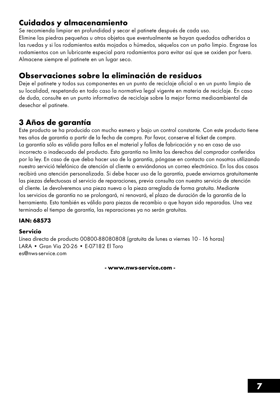 7cuidados y almacenamiento, Observaciones sobre la eliminación de residuos, 3 años de garantía | Crivit AS-1461 User Manual | Page 7 / 32