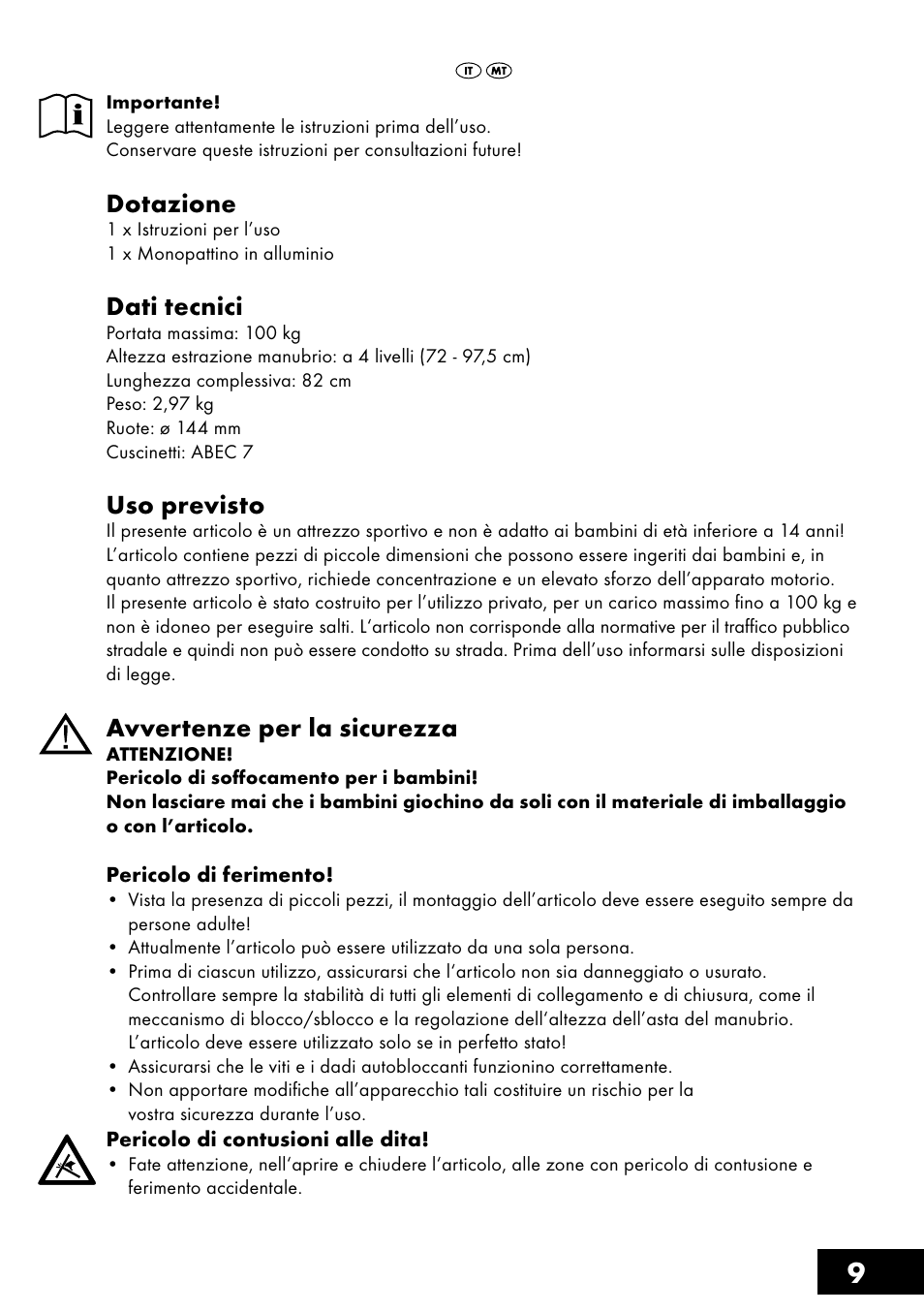 Dotazione, Dati tecnici, Uso previsto | Avvertenze per la sicurezza | Crivit AS-1461 User Manual | Page 9 / 32