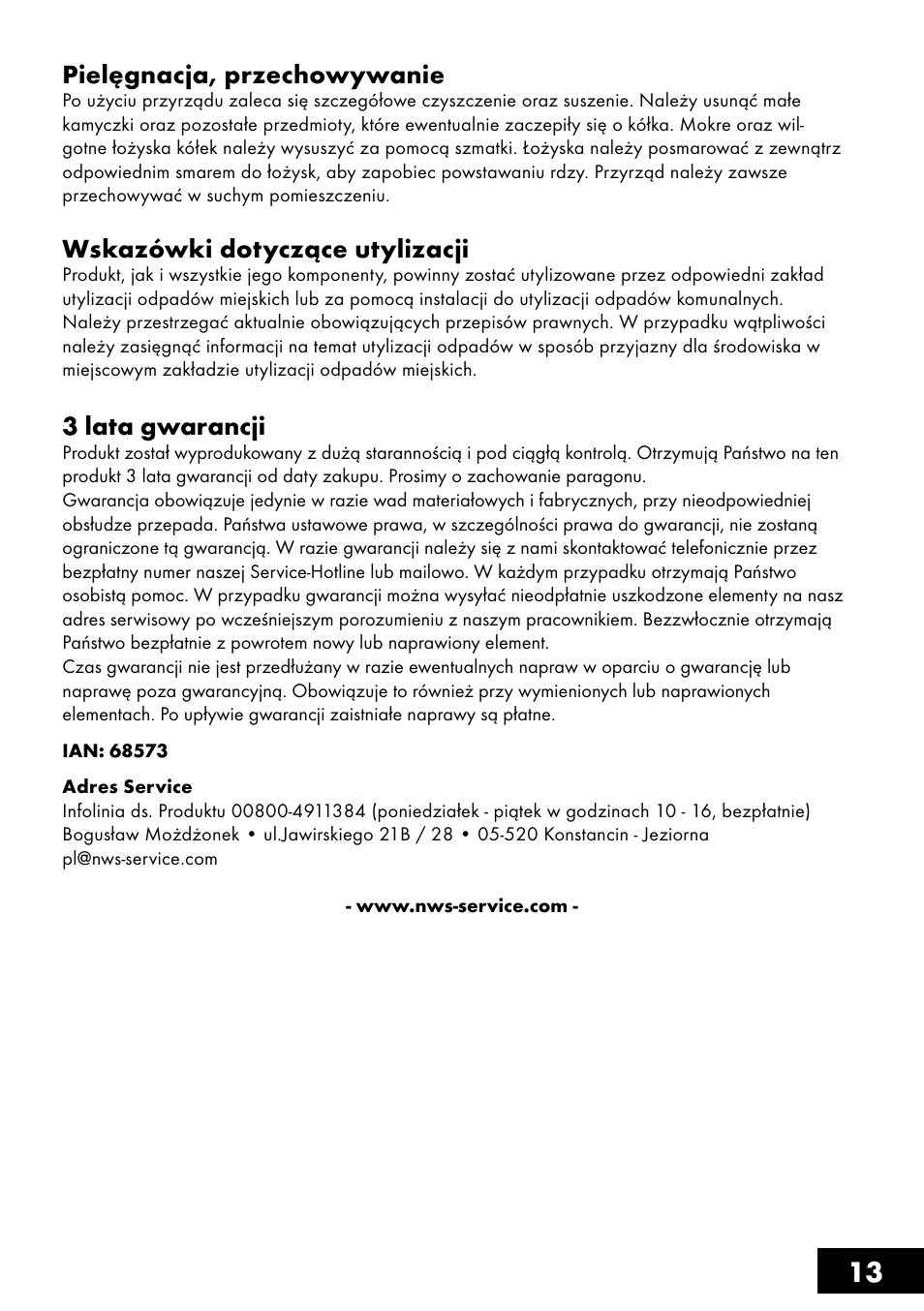 13 pielęgnacja, przechowywanie, Wskazówki dotyczące utylizacji, 3 lata gwarancji | Crivit AS-1461 User Manual | Page 13 / 44