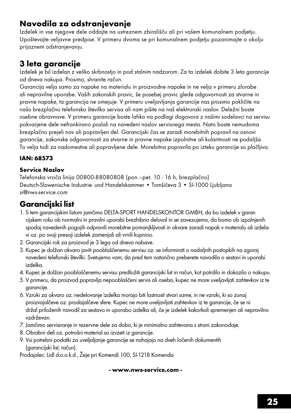 25 navodila za odstranjevanje, 3 leta garancije, Garancijski list | Crivit AS-1461 User Manual | Page 25 / 44